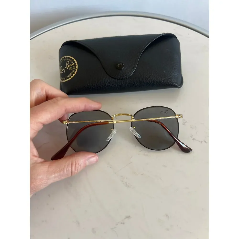 RAY BANS ROUND METAL FULL COLOR LEGEND POLISHED BLACK ON GOLD WITH CASE UNISEX